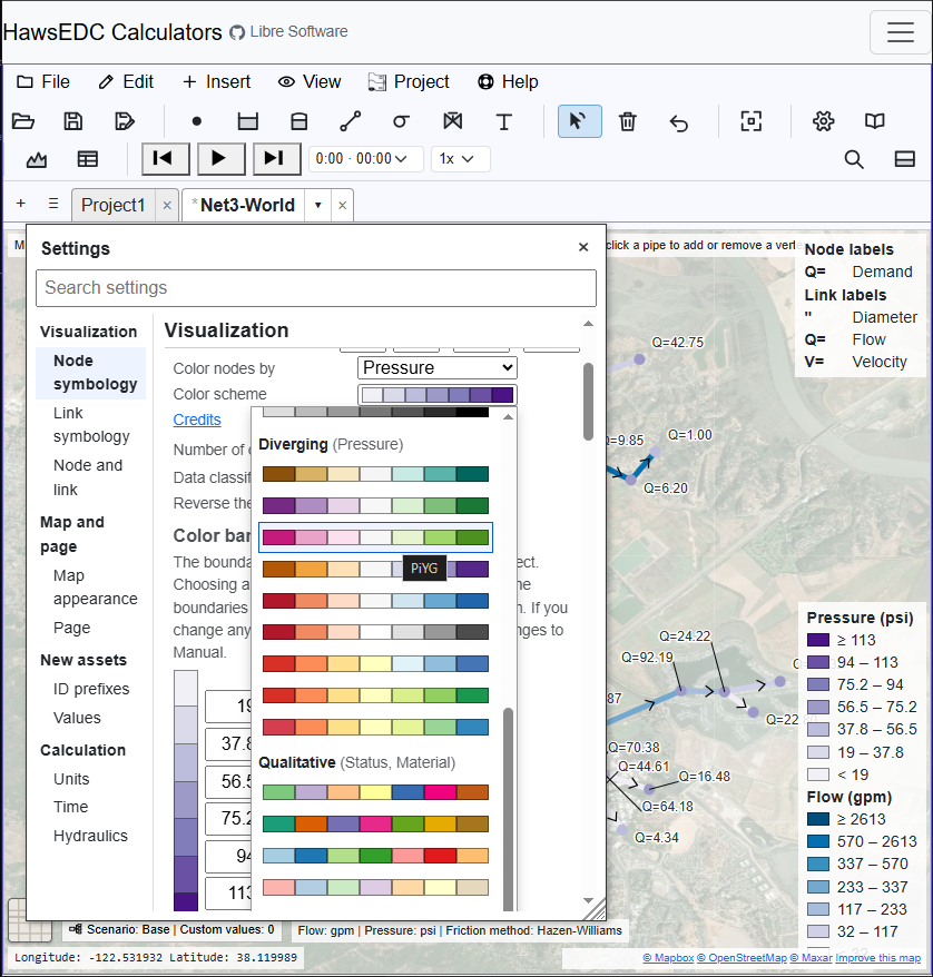 A color scheme picker open over a network drawn on satellite imagery.